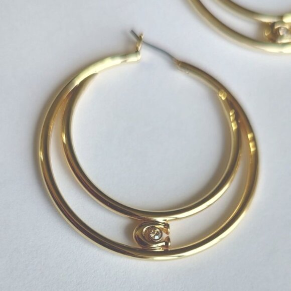 Coach Earrings Hoops Gold Signature C Zirconia Double Hoop Gold NEW - Picture 2 of 11